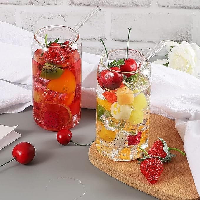 Drinking Glasses with Glass Straw Set of 2, 500ml Beer Glasses Can Shaped Glass Cups, Tumbler for Cold Coffee, Smoothies, Juice, Soda, Any Drink and Any Occasion