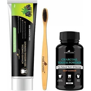 PARK DANIEL Natural Bamboo Wooden ECO Friendly Charcoal Toothbrush with Soft Medium Bristles(01 Pc.) &Activated Charcoal Teeth Whitening Toothpaste (100gm) & Activated Charcoal Tooth Powder 50gms (3 Items in the set)