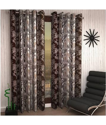 Phyto Home Floral Semi-Transparent Eyelet Door Curtain 7 ft Pack of 4 -Brown
