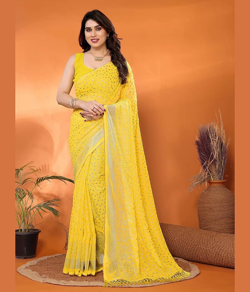 VEDANT VASTRAM Georgette Self Design Saree With Unstitched Blouse Piece ( Yellow )
