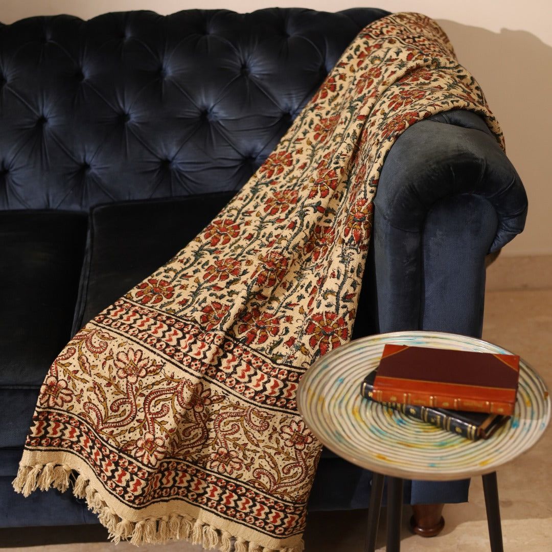 Elegant Cotton Block Printed Throw | Perfect for Living Room & Bedroom Decor-Beige