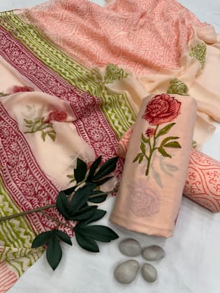 Bagru Hastkala Cotton Suit With Chiffon Suit