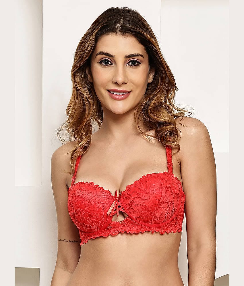 PrettyCat Pack of 1 Lace Heavily Padded Balconette Bra For Women ( Red )