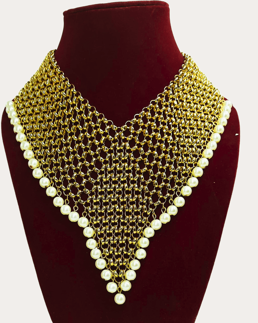 Golden Tone Mesh & Faux-Pearl Collar Necklace