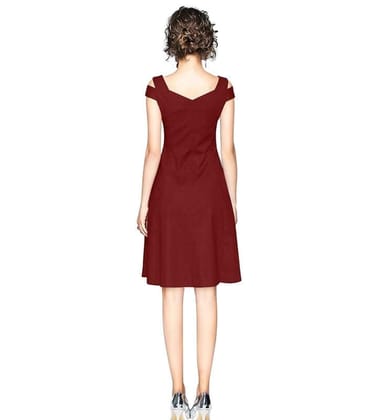 Women's Polyster Solid V Neck Cap Sleeve Off Sholder Dresses (Maroon, L)-PID56825