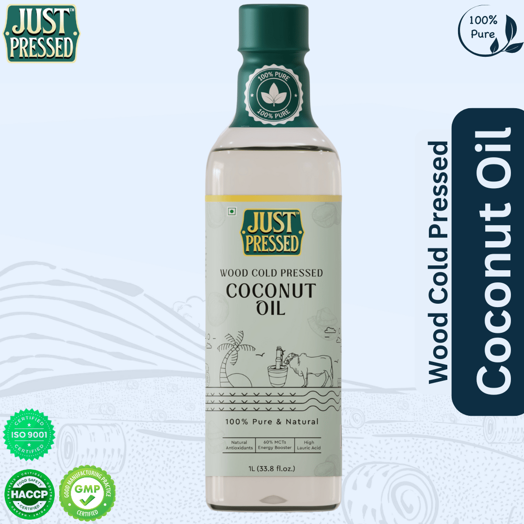 Just Pressed Wood Cold Pressed Coconut Oil- 100% Pure & Natural Untreated & Unrefined Coconut oil for Healthy Cooking | Kachi Ghani Oil | Wood Cold Pressed Oil |  - 1 litre