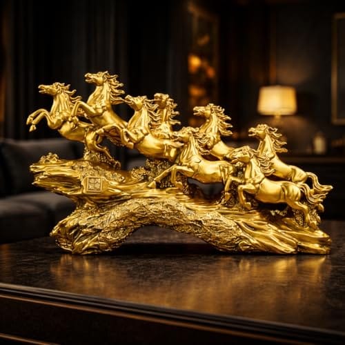 Golden 19 Inch Running 7 Victory Horses Resin Statue for Vastu and Feng Shui