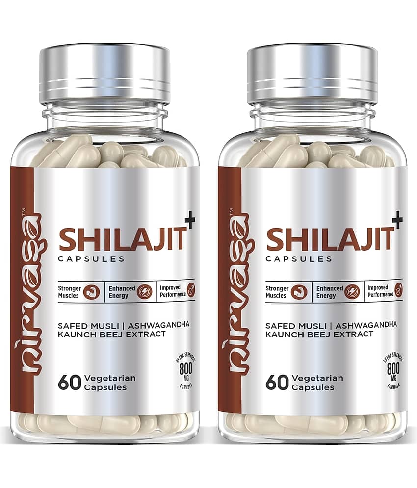 Nirvasa Pure Shilajit for Vigour & Vitality, enriched with Shilajit, Safed Mulsi, Aswagandha and Kaunch Beej Extract (2 X 60 Cap)