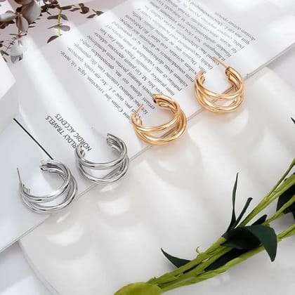 Pinapes Triple Hoop Earrings Combo of Gold & Silver Stylish Hoops (Set of 2)