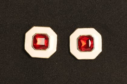 Octagon Enamel Gem Stud Earrings-Red