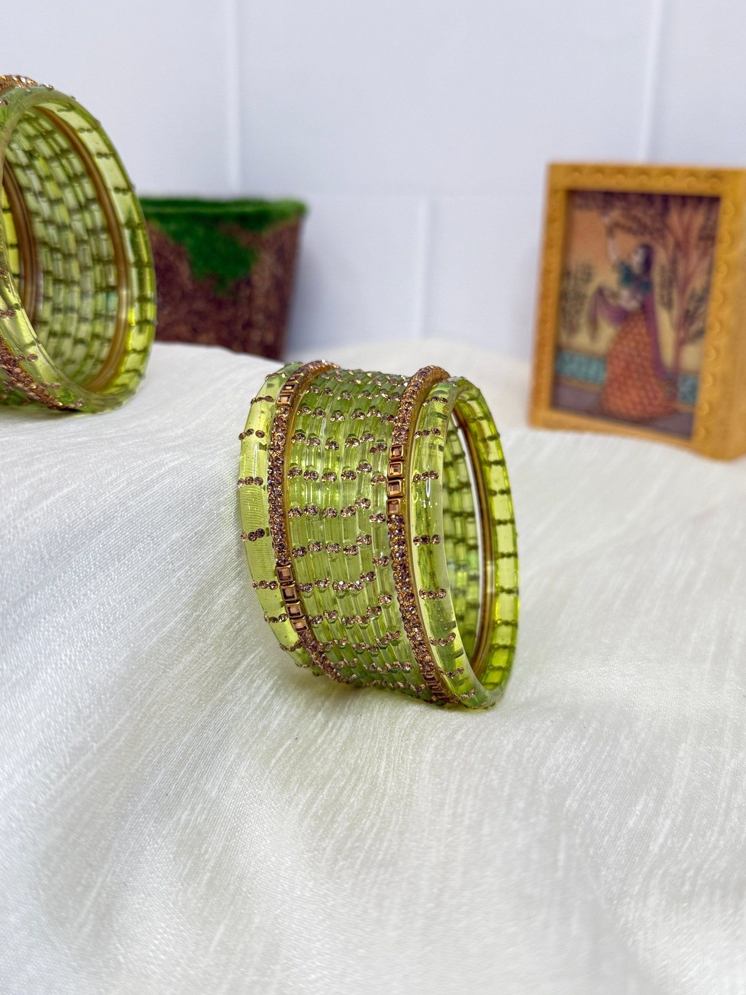 Matching Glass Bangles Set - Water Drop Design (10 Colours to Choose) - 5117-2.4 / Parrot Green / Both Hands
