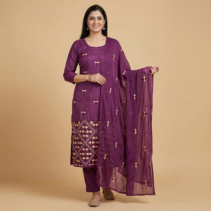 Hand-Embroidered Pure Silk Punjabi Suit Material with Dupatta | Purple Hand-Embroidered Pure Silk Punjabi Suit Material with Dupatta | Purple