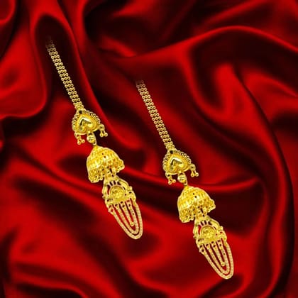 Attractive Sister Gold Plated Jhumka Earrings with Hair Chain – Royal Ethnic Jewelry for Women