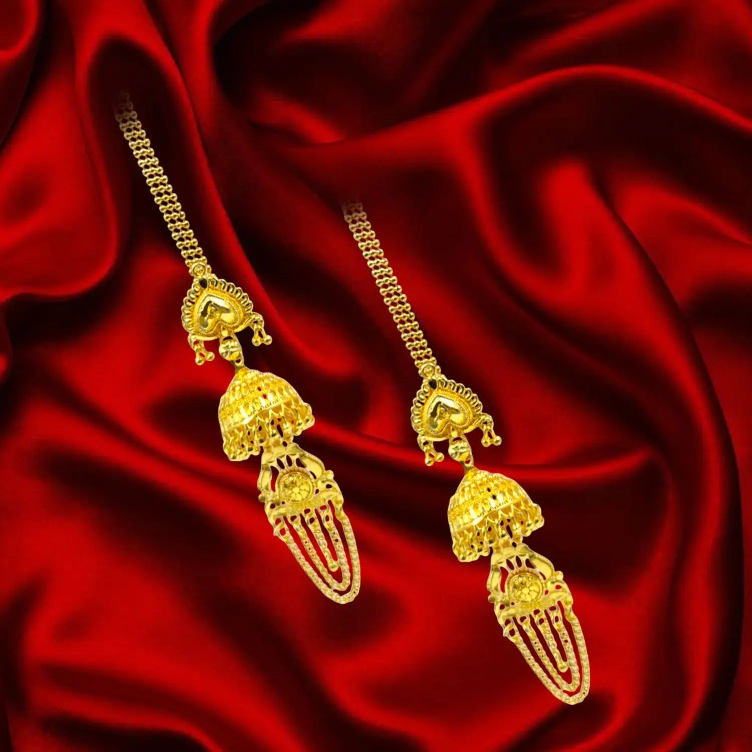 Attractive Sister Gold Plated Jhumka Earrings with Hair Chain – Royal Ethnic Jewelry for Women
