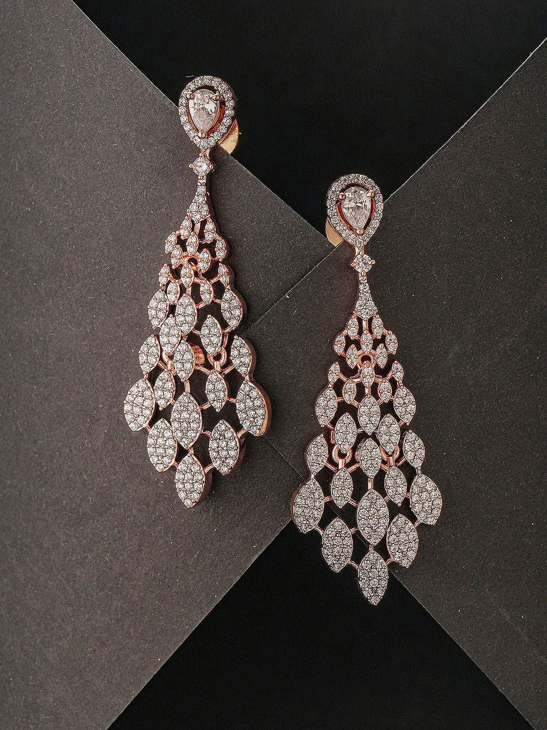 Rose Gold Plated AD Zircon Studded Delicate Dropdown Chandelier Earrings
