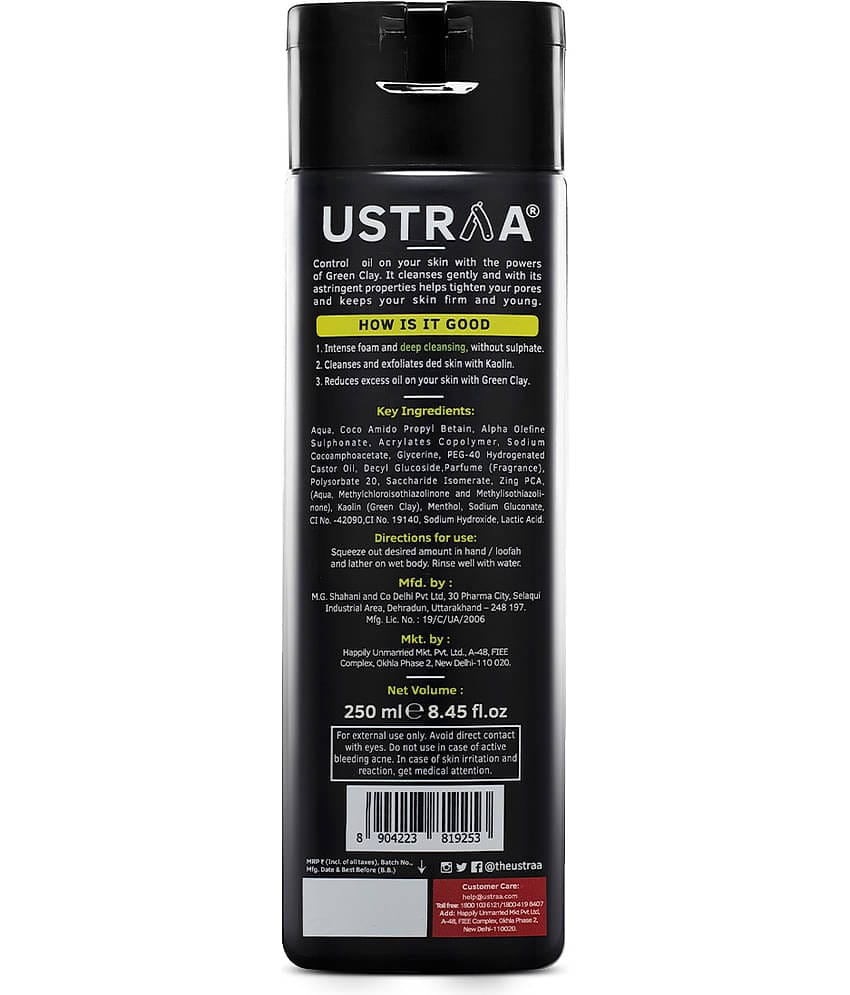 Ustraa Body Wash-Green Clay - 200 ml - Intense Oil Control - removes excess oil, No post-shower dryness, Intense foaming without sulphates
