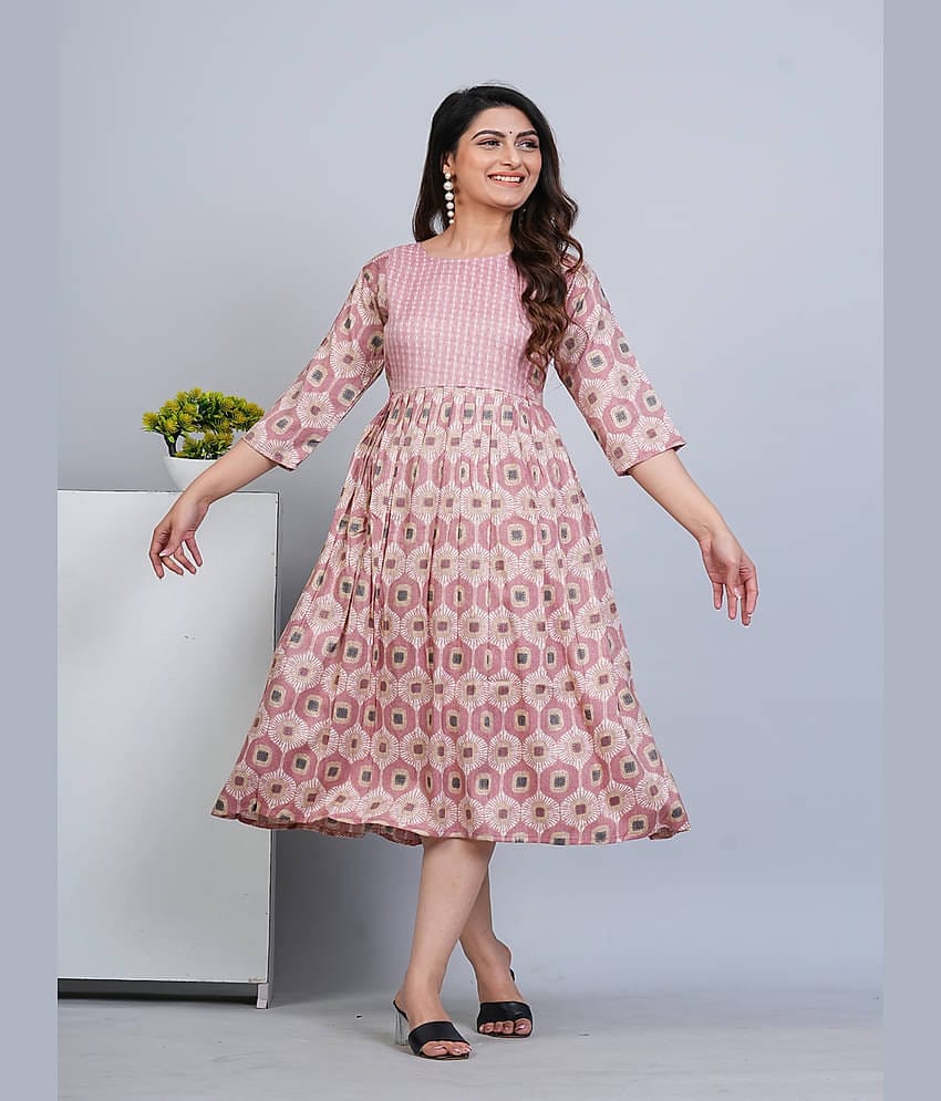 RIAANA Women's Cotton Printed Anarkali Kurti - ( Pink )