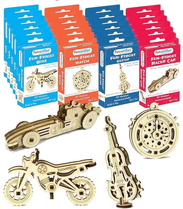 Funvention Fun Fidgets Assorted (6 x 4 DIY Miniature Mechanical Models Bike, Car, Guitar & Watch) Pack of 24 - Birthday Return Gifts Party Pack Return Favors for Kids Art & Craft STEM Learning Toys