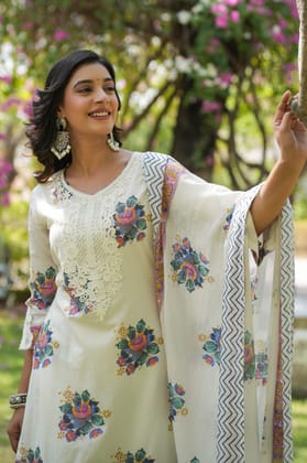 Gulnaaz Inaya White Cotton Kurta Set with Dupatta-S / White / White