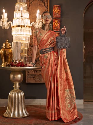 Orange Soft Silk Zari Based Handloom Weaving Saree