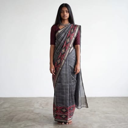 Mangalgiri Charcoal Grey Cotton Silk Saree Ikat Pallu