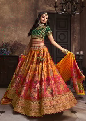 Festive Yellow And Pink Heavy Banarasi Bridal Lehenga