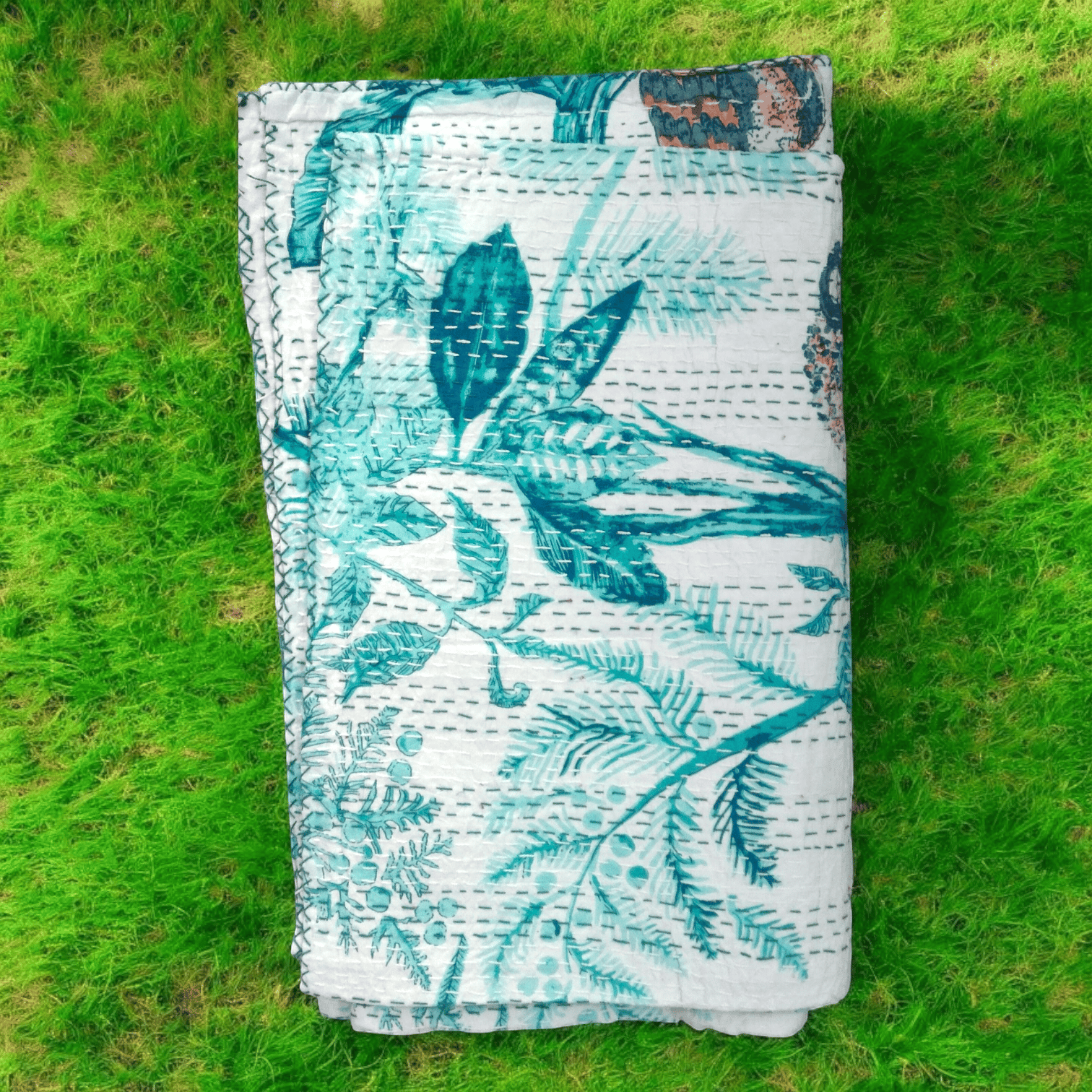 Hand Quilted Kantha Bedcover- Owl Aqua-90 x 100 inches