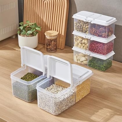 Divided Food Storage Container with Lid, 2 Compartments, Clear Plastic Container for Fruits and Vegetables BPA Free 1000ML Set of 4 Pic