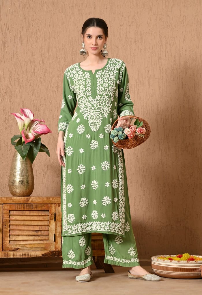 Premium Rayon Chikankari Plazo Set with Hand Embroidery & 3D Work - Green