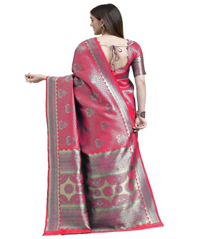 Women's Banarasi Silk Designer Weaving Saree with Unstitched Blouse (Pink, 5.50 Mtrs)