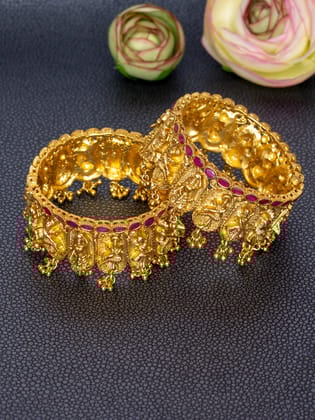Exquisite Gold-Plated Temple Design Bangles with Ruby Accent
