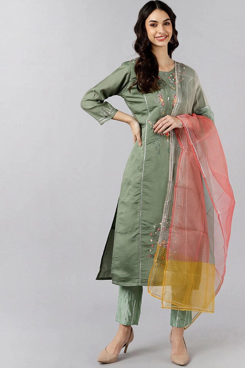 Olive Green Poly Silk Embroidered Straight Suit Set PKSKD1237