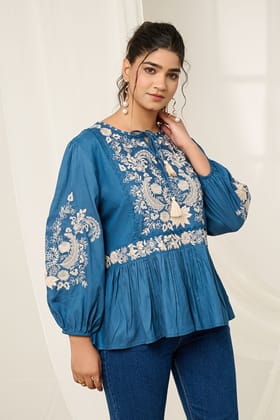 Blue Embroidered Cotton Top-BLUE / XL