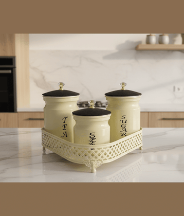 R.R.V. International Metal Tea Set Tray Steel Ivory Tea/Coffee/Sugar Container ( Set of 4 )