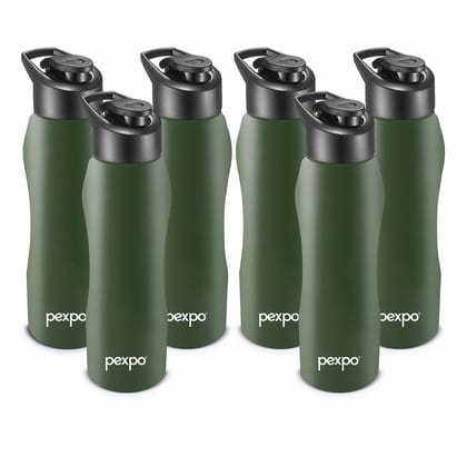 PEXPO Stainless Steel Sports/Fridge Water Bottle, 1000 ml, Pack Of 6, Military Green, Bistro | Wide Mouth & Leak-Proof Water Bottle