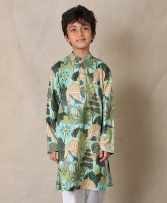 GREEN TEMPLE PRINTED PURE COTTON KURTA - GREEN-2-3 YEARS / 1N / GREEN