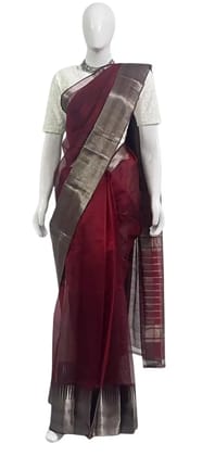 Mangalgiri Wine Red Silk Cotton Saree Temple Zari Border