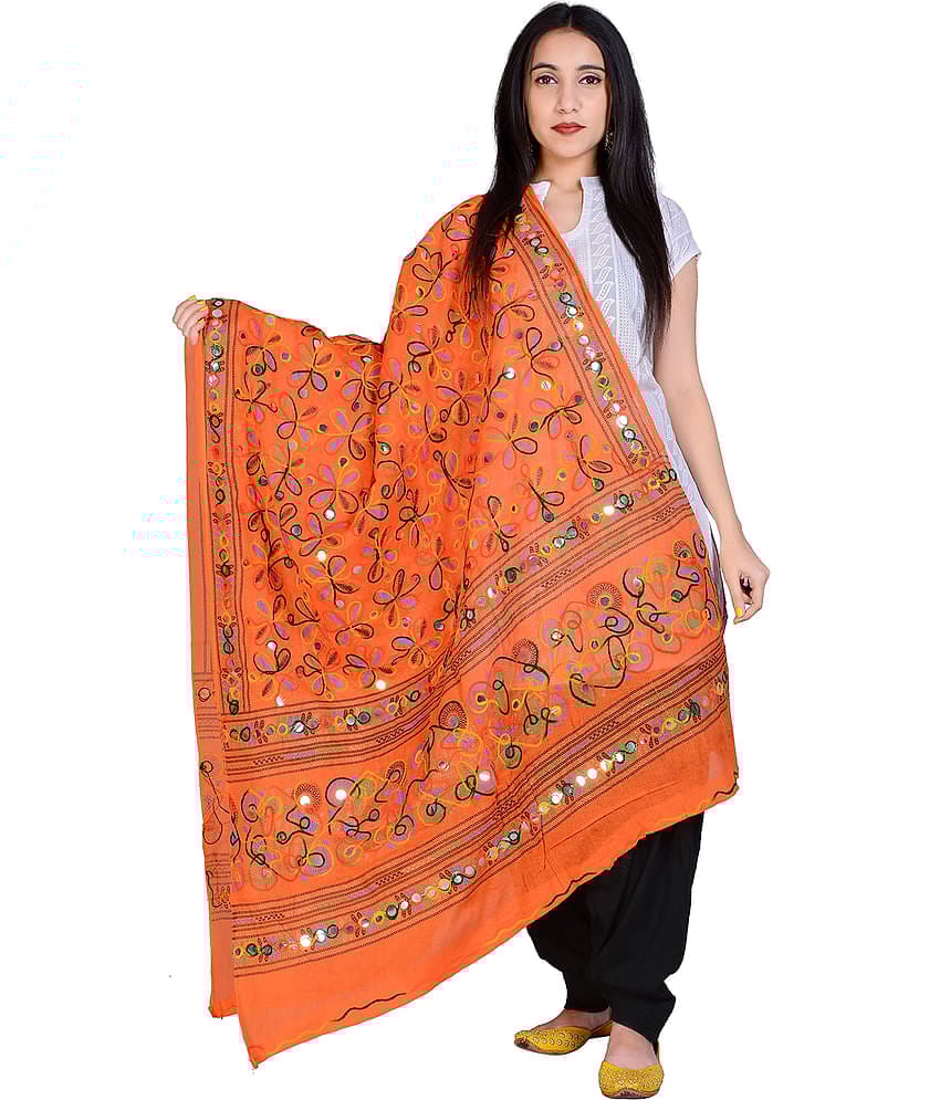 Raj Orange Cotton Aari Embroidered Dupatta