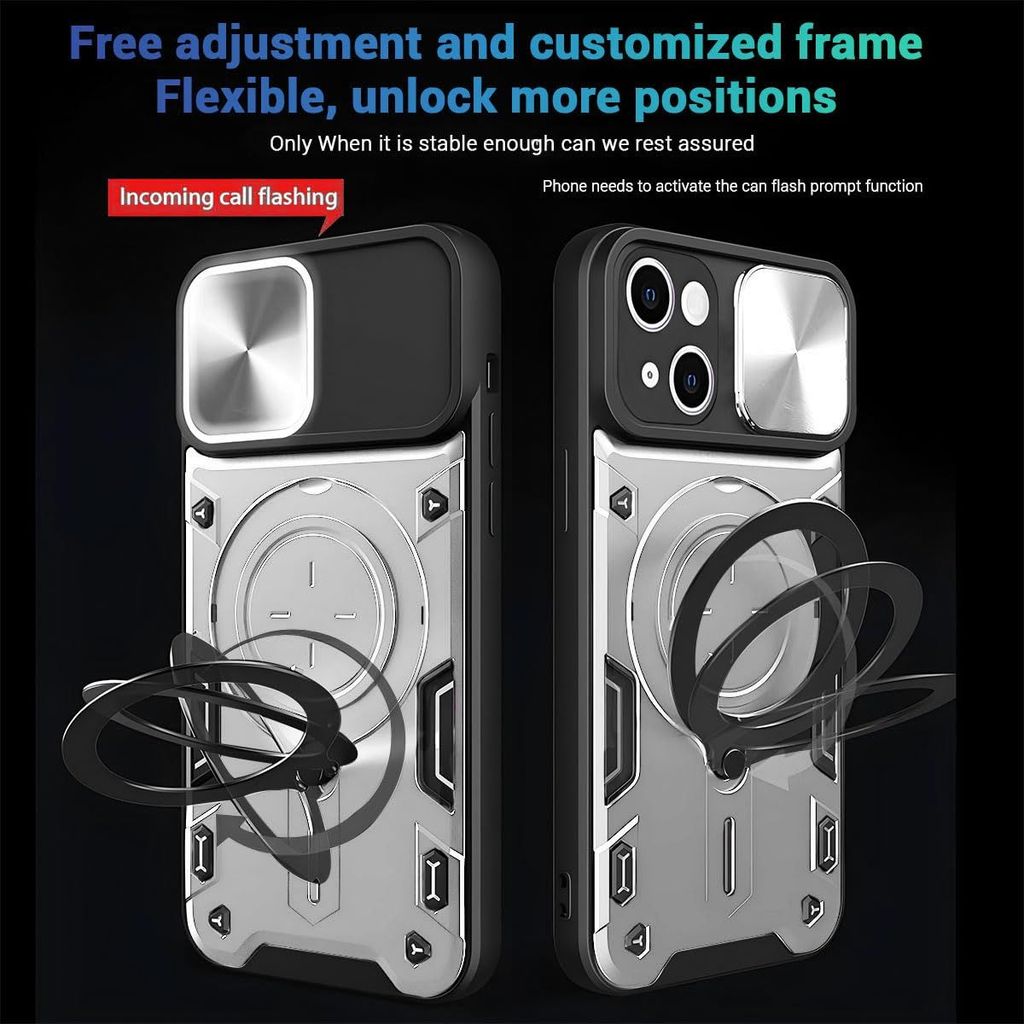 LIRAMARK Back Cover Case Compatible with iPhone 15 (6.1 inch) with Stand & Slider Camera Military Grade Drop Protection