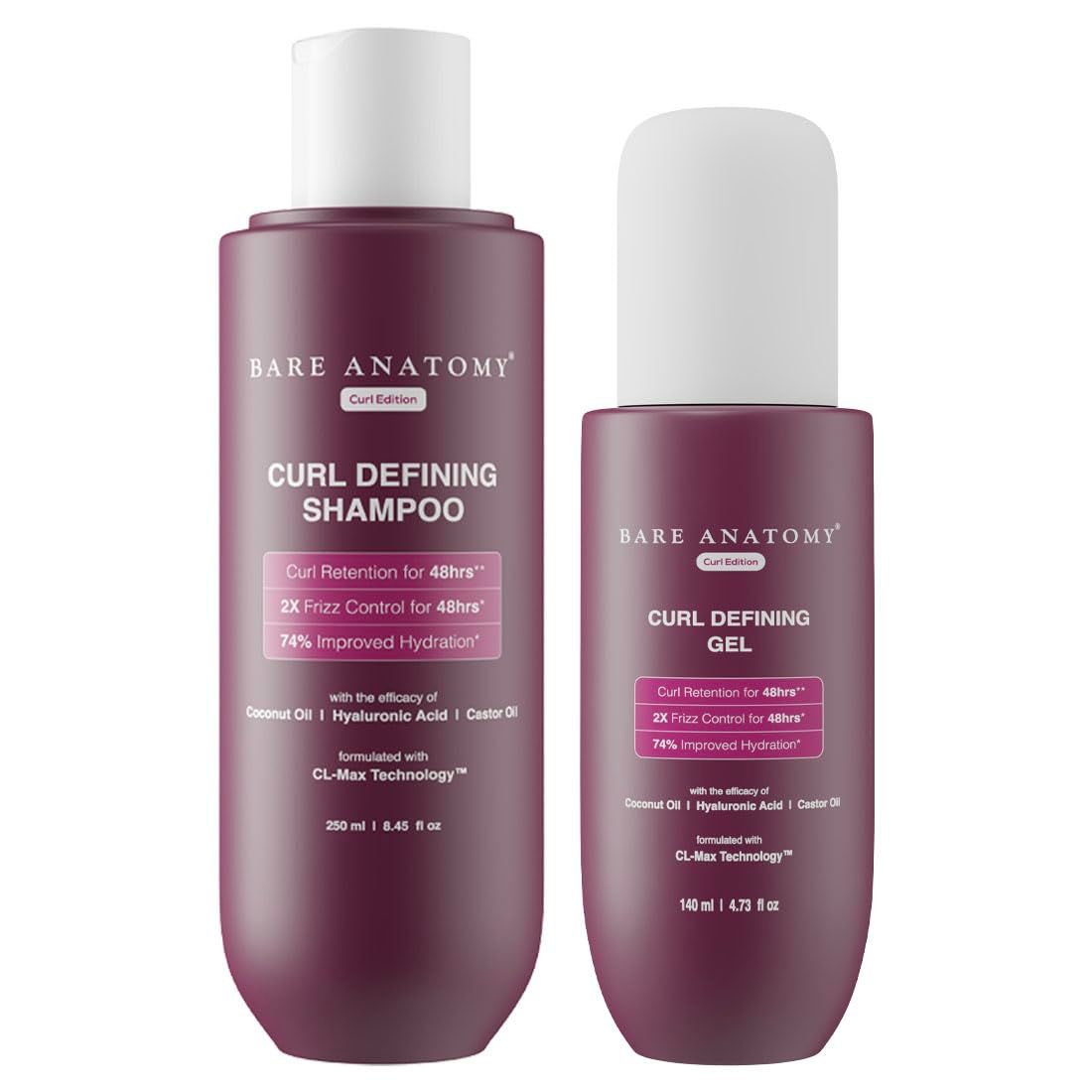 Bare Anatomy Curl Defining Shampoo + Curl Defining Gel | For Well Defined Shiny Curls | Curl Retention & 2X Frizz Protection For 48 Hours | Sulphate & Paraben Free | Women & Men | 250 ml + 140ml Bare Anatomy Curl Defining Shampoo + Curl Defining Gel | Fo