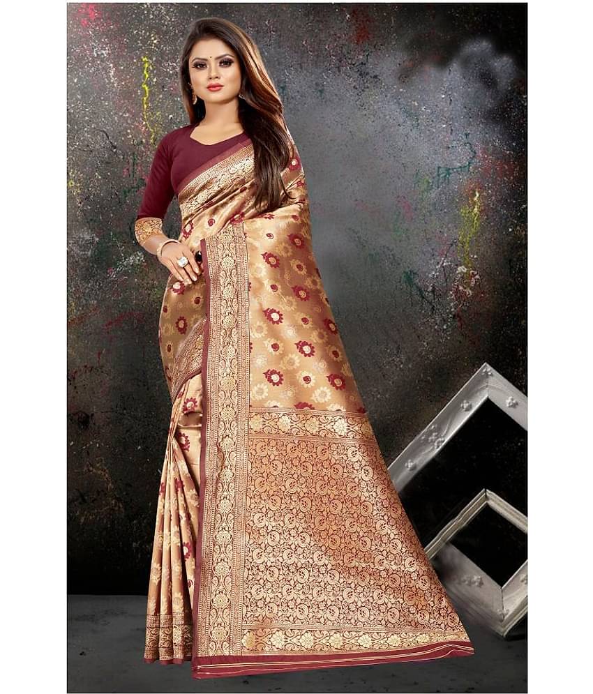 Gazal Fashions Banarasi Silk Self Design Saree With Unstitched Blouse Piece ( Maroon )