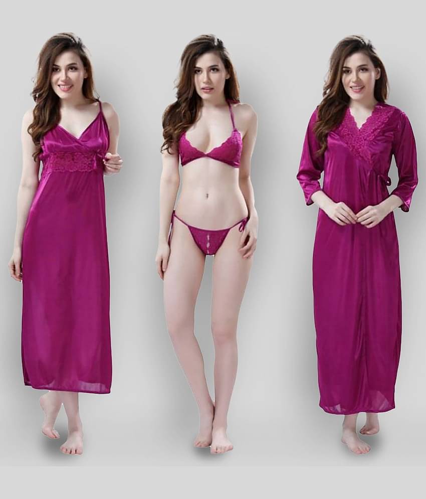 Romaisa - Purple Satin Women's Nightwear Nighty & Night Gowns ( Pack of 4 )