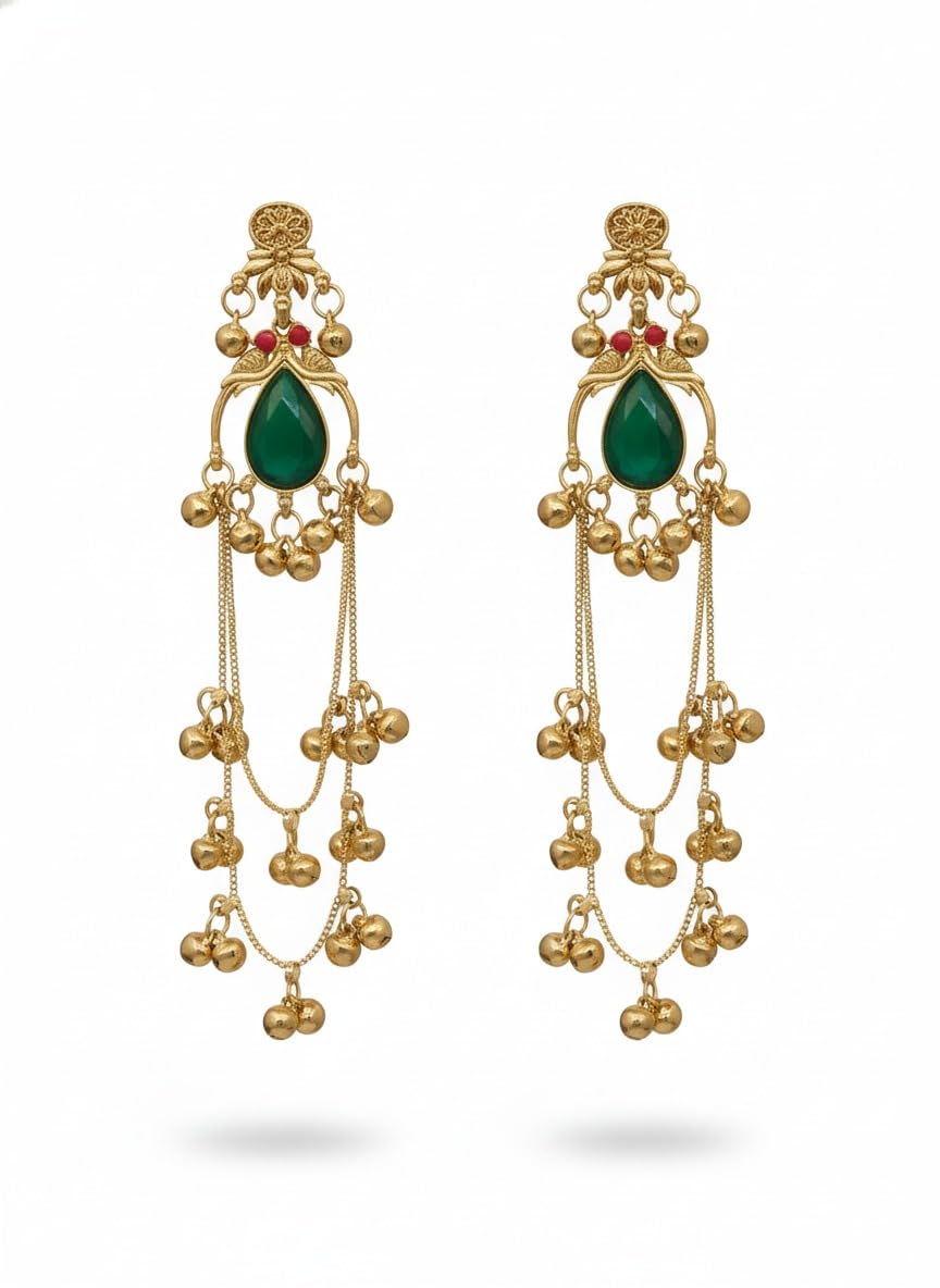 Gold Plated - Traditional Jhumka Earrings for Women | Antique Temple Design Long Dangler Earrings
