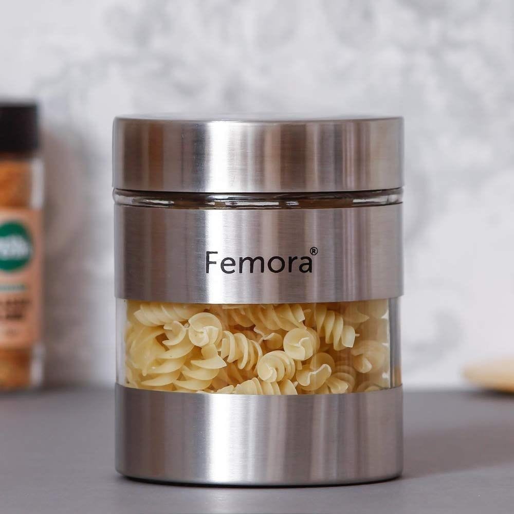 Femora Clear Glass Steel Metallic Jars for Kitchen Storage, 1300 ML - Set of 4