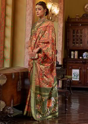 Beautiful Orange And Green Woven Tussar Silk Saree