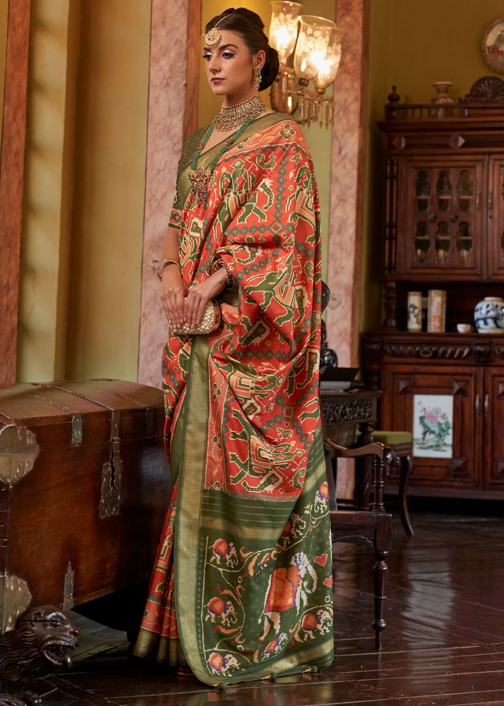 Beautiful Orange And Green Woven Tussar Silk Saree