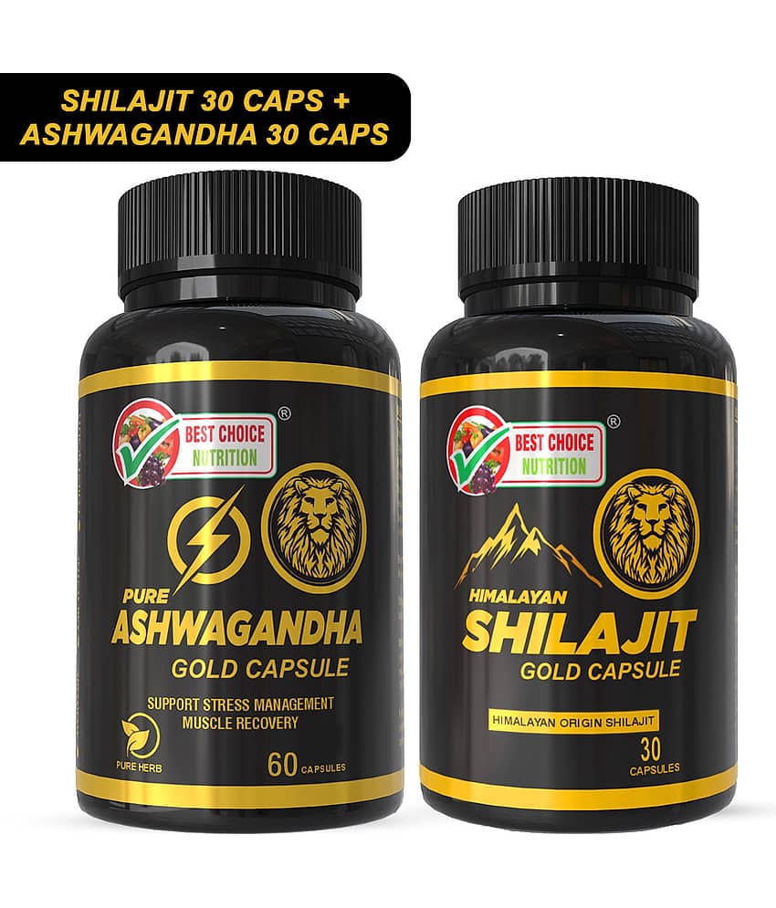 Best Choice Nutrition Shilajit Gold Capsules 30 + Ashwagandha Gold Capsules 60 | Energy, Strength, Stress Relief & Stamina Booster Combo