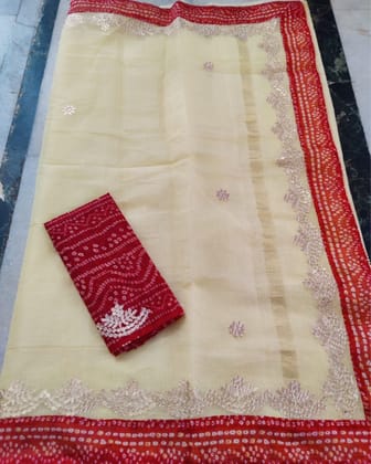 Tye & Drape Kota Cotton Kachi Gotta Cream Saree