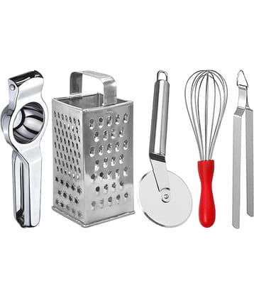 JISUN - Silver Stainless Steel Lemon Squeezer-Grater-Pizza Cutter-Whisk-Chimta0 ( Set of 5 )