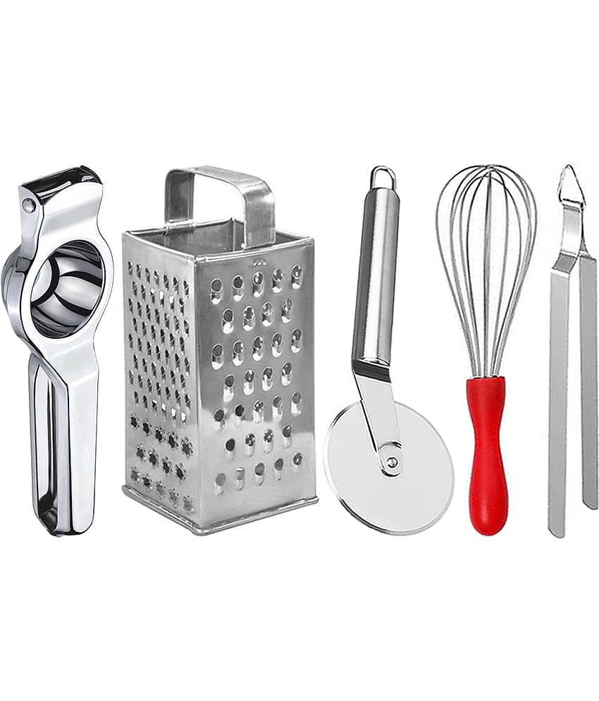 JISUN - Silver Stainless Steel Lemon Squeezer-Grater-Pizza Cutter-Whisk-Chimta0 ( Set of 5 )